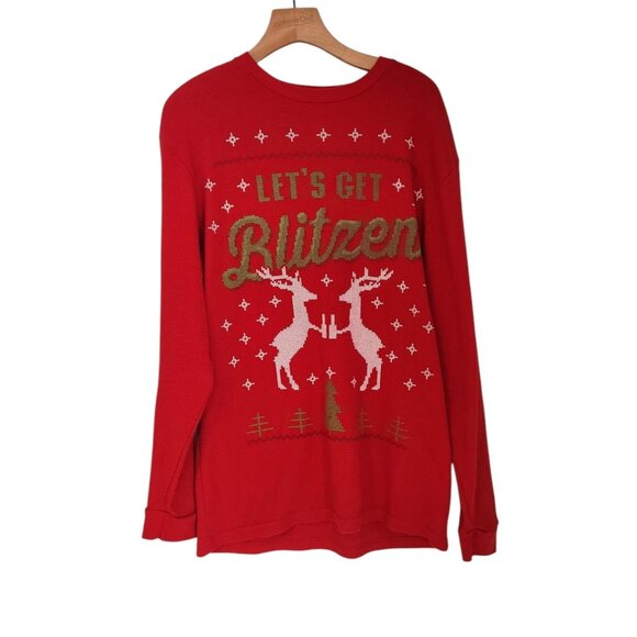 Dec 25th Let's Get Blitzen Ugly Christmas Sweater Waffle Knit Mens Large Red EUC - Picture 1 of 9